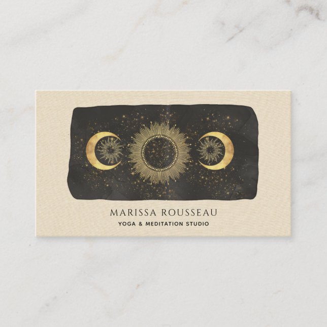 Sun Moon Stars Gold Black Cream Yoga Studio Business Card (Front)