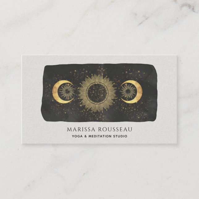 Sun Moon Stars Gold Black Yoga Studio Business Car Business Card (Front)