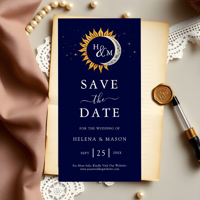 Sun Moon Stars Monogram Navy Blue Wedding Save The Date (Creator Uploaded)