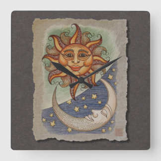 Sun Moon & Stars Square Wall Clock