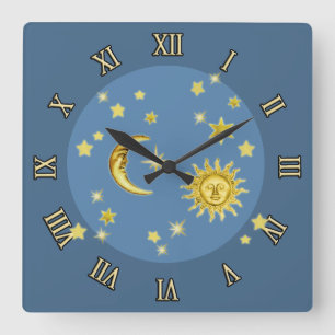 Sun, Moon & Stars Square Wall Clock