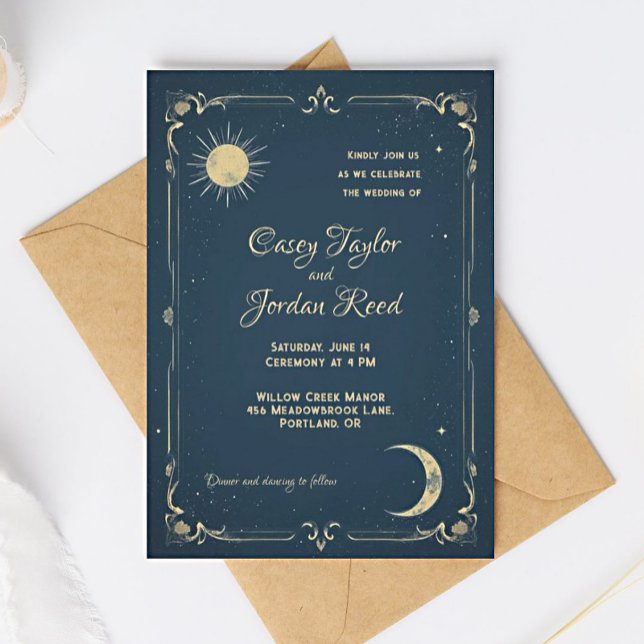 Sun & Moon Vintage Blue Wedding Invitation (Creator Uploaded)