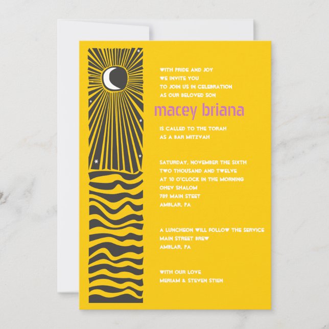 SUN MOON WATER Bar Bat Mitzvah Invitation (Front)