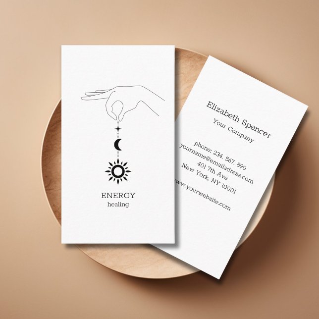 Sun Moon White Business Card (Green Sun Moon Illustration Business Card. Modern Whimsical. Perfect for Energy Healer & more.)