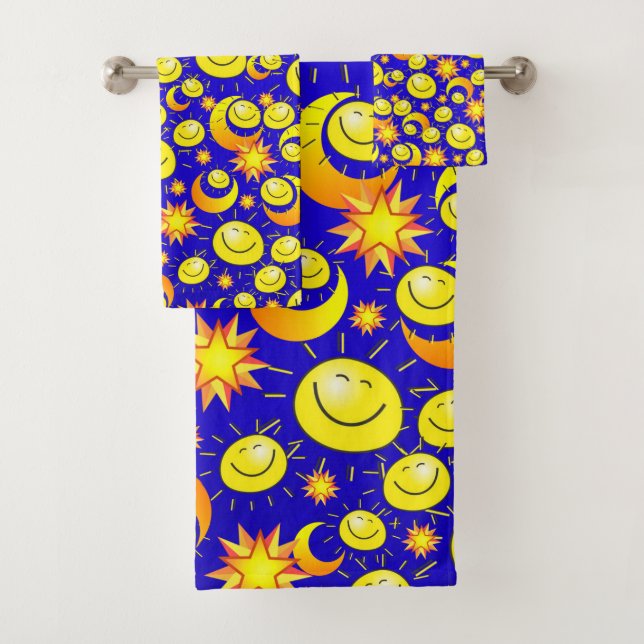 Sun Moon Yellow Stars Bathroom Towel Sets (Insitu)