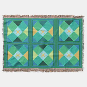 Sun motif in green and blue patchwork squares throw blanket