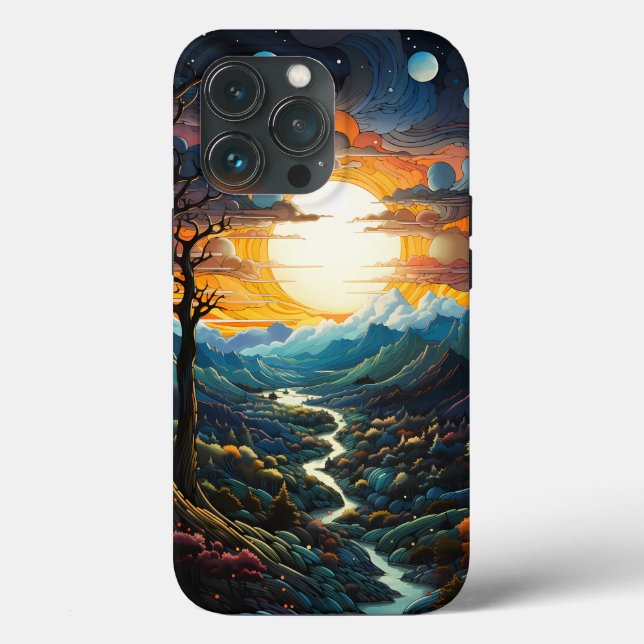 Sun Mountain River In Pointillism Case-Mate iPhone Case (Back)