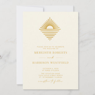 Sun Ocean QR Code RSVP Gold on Cream Wedding Invitation