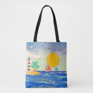 Sun Palm Trees Lighthouse Sailboats Cute Turtles Tote Bag