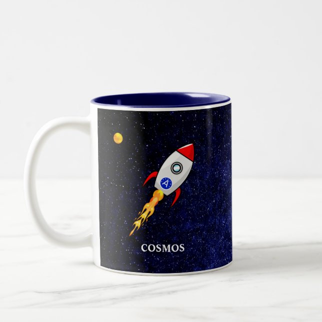 Sun, planet earth and skyrocket on galaxy Two-Tone coffee mug (Left)