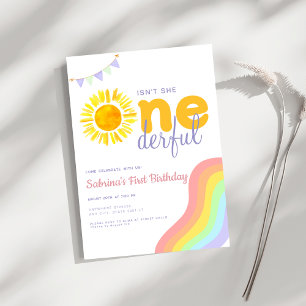 Sun rainbow Isn't she Onederful First Birthday Invitation