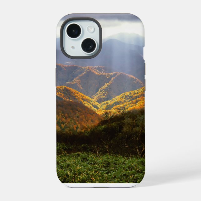 Sun Rays Over Shirakami-Sanchi Mountains iPhone 15 Case (Back)