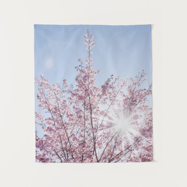 sun rays pass through pink flowers of a wow tree tapestry (Front)