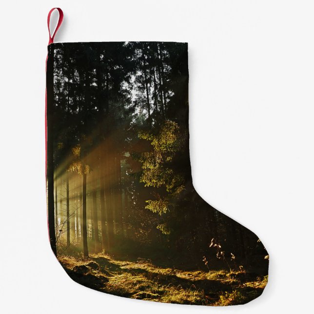 SUN RAYS PIERCING THROUGH TREES SMALL CHRISTMAS STOCKING (Front)