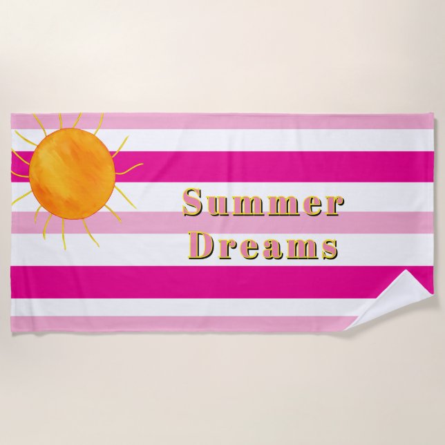 Sun Rays Pink White Summer Stripes Beach Towel (Front)