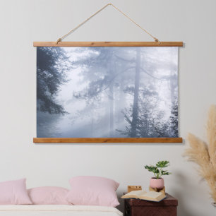 Sun rays shinning through foggy forest hanging tapestry