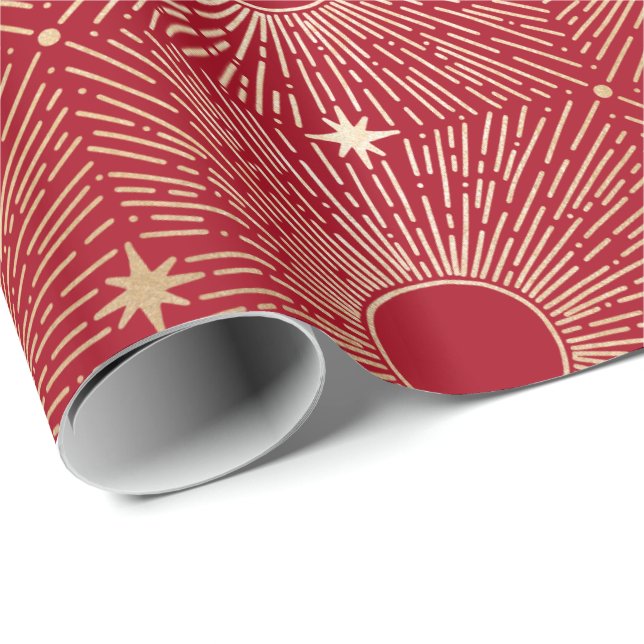 Sun Rays, Stars, Astrological, Gold, Red, Sunshine Wrapping Paper (Roll Corner)