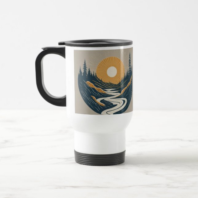 Sun rises between river travel mug (Left)