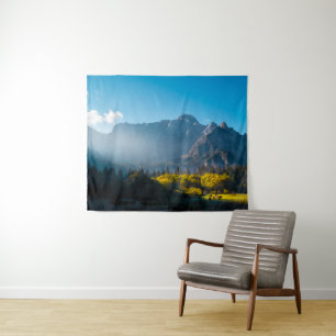 Sun rising on horses at lake Fusine, Italy Tapestry