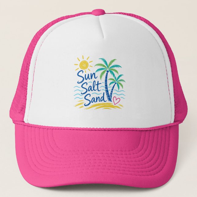 Sun Salt Sand – Tropical Beach Palm Tree Summer  Trucker Hat (Front)