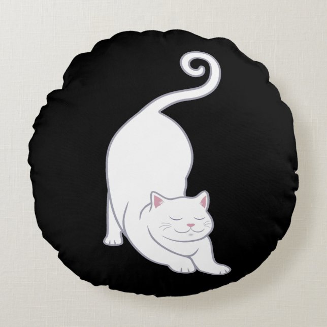 Sun Salutation Downward White Cat Yoga on Black Round Cushion (Front)