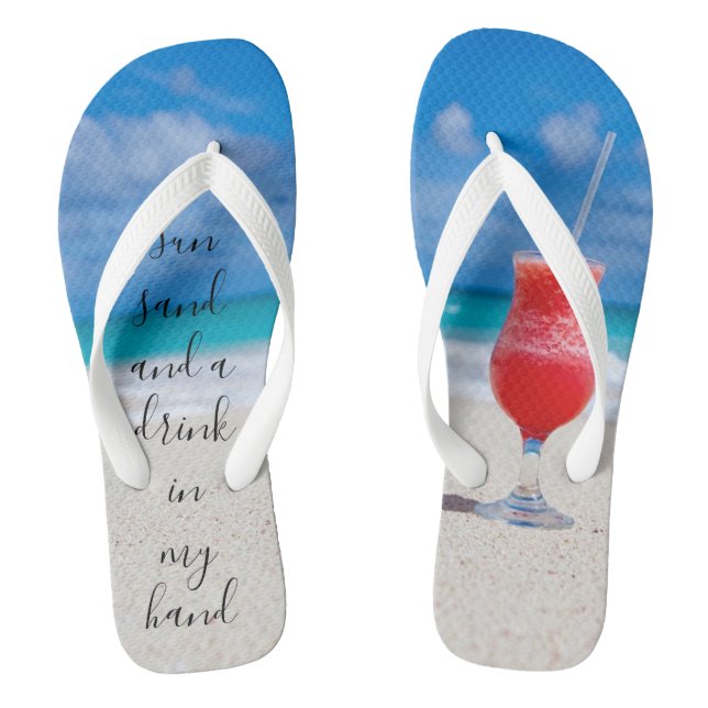 Sun Sand And Drink In Hand Tropical Cocktail Beach Flip Flops (Footbed)