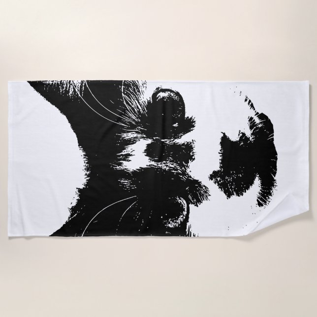 Sun, Sand, and Side-Eye – Ink Style Cat Beach Towel (Front)
