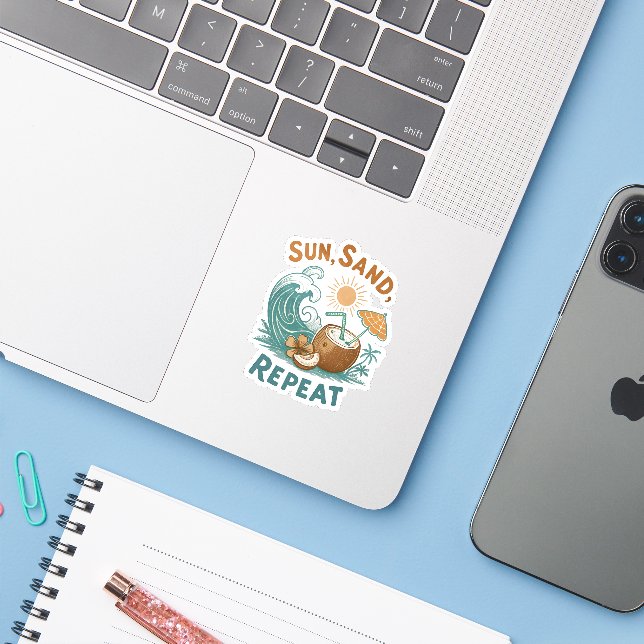 "Sun, Sand, Repeat" Sticker (Laptop w/ iPhone)