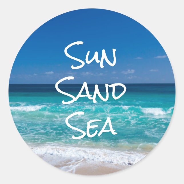 Sun Sand Sea Tropical Beach Turquoise Water Classic Round Sticker (Front)