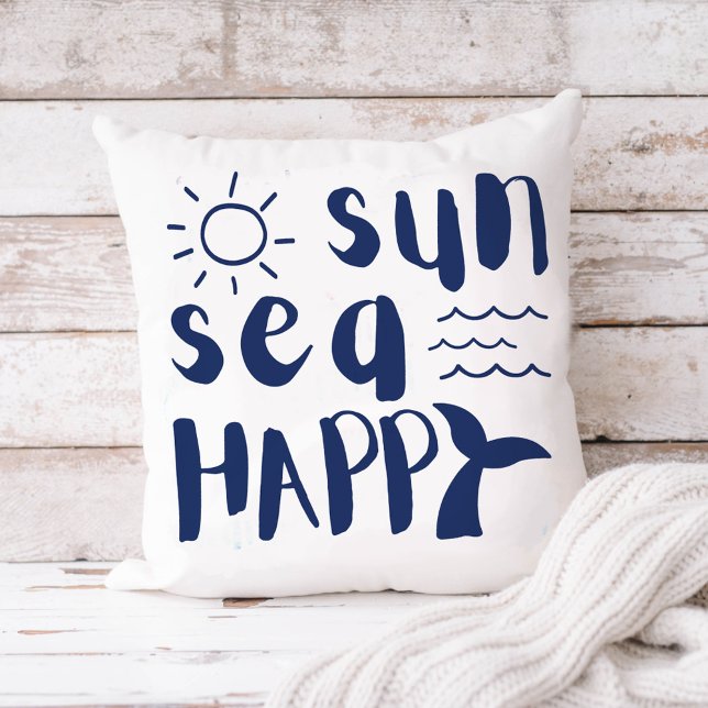 Sun Sea Happy Whale Waves Beach Typography Cushion (Creator Uploaded)