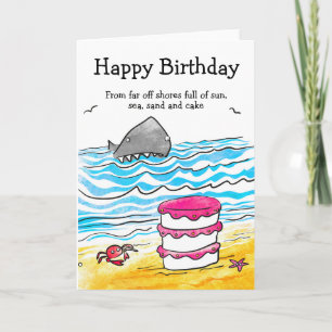 Sun, sea, sand, shark and cake birthday card