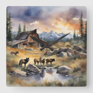 Sun set at the old barn square wall clock