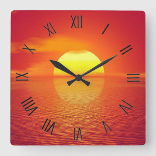Sun Sets Orange Calm Ocean Sunset Black Numerals Square Wall Clock