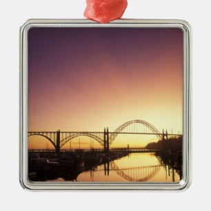 Sun setting behind the Newport Bridge, Oregon Metal Tree Decoration