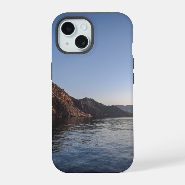 Sun setting over spectacular rocky sea iPhone 15 case (Back)