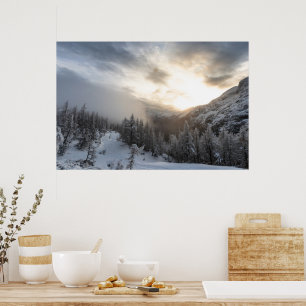 Sun shining at stunning winter scenery poster