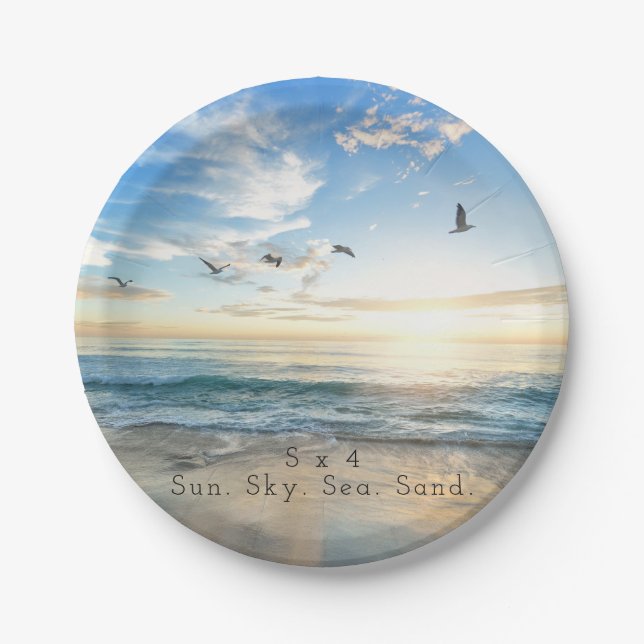 Sun. Sky. Sea. Sand. Beach Scene Paper Plate (Front)