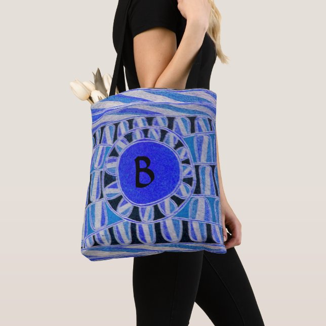 SUN SOLAR ENERGY MONOGRAM Aqua Blue Black Tote Bag (Close Up)