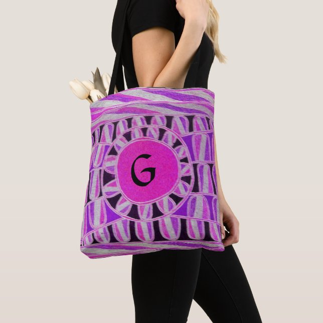 SUN SOLAR ENERGY MONOGRAM Pink Fuchsia Black Tote Bag (Close Up)