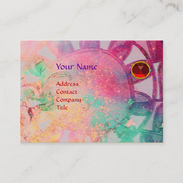 SUN SOLAR ENERGY RED RUBY MONOGRAM pink green Business Card (Front)