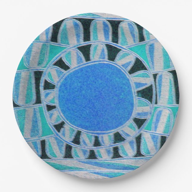 SUN SOLAR ENERGY Teal Blue White Black Paper Plate (Front)