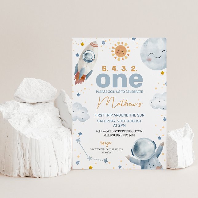 Sun Space First Trip Around the Sun 1st Birthday  Invitation (Cute boy's first trip around the sun first birthday invitation featuring a sun, spaceman and more.)