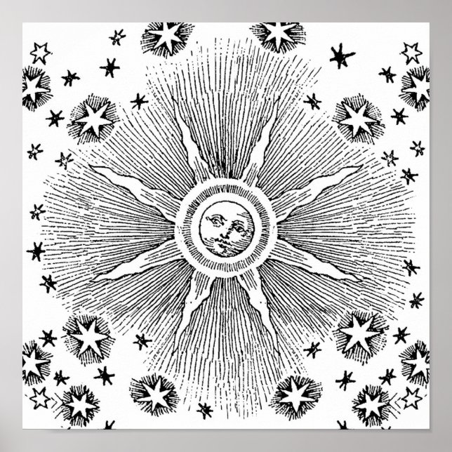 Sun Stars Antique Night Sky Mediaeval Zodiac Poster (Front)