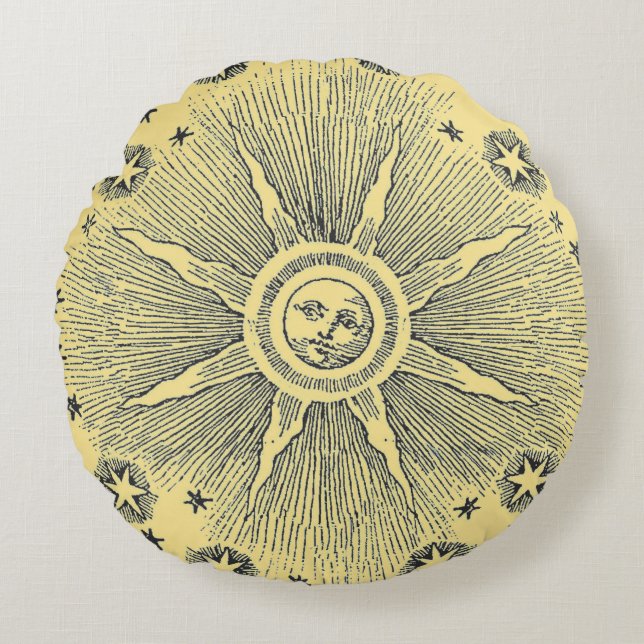 Sun Stars Antique Night Sky Mediaeval Zodiac Round Cushion (Front)