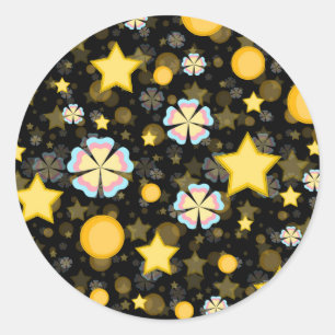 Sun Stars Flowers Glitter Black Design Classic Round Sticker
