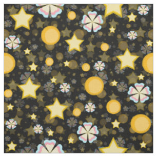 Sun Stars Flowers Glitter Black Design Fabric