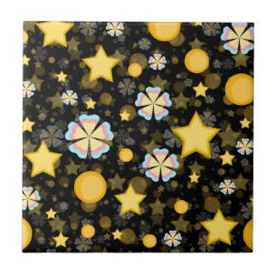 Sun Stars Flowers Glitter Black Design Tile