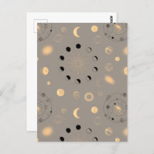 Sun stars moon phases planets black gold on tan