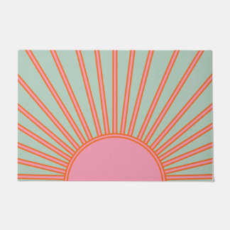 Sun Sunrise Green And Pink Abstract Retro Sunshine Doormat