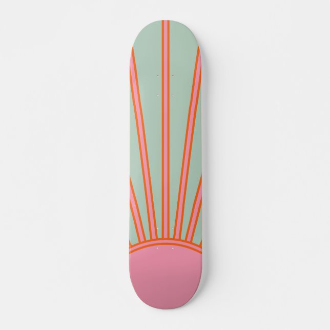 Sun Sunrise Green And Pink Abstract Retro Sunshine Skateboard (Front)
